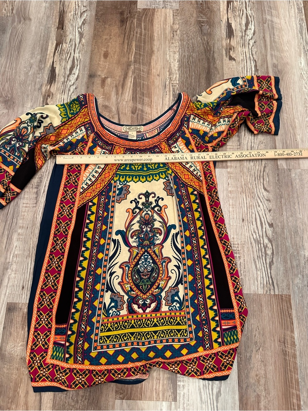 Boho Printed Scoop Neck Tunic Top - Mini Dress Multicolor Hippie Sz L - Picture 6 of 9